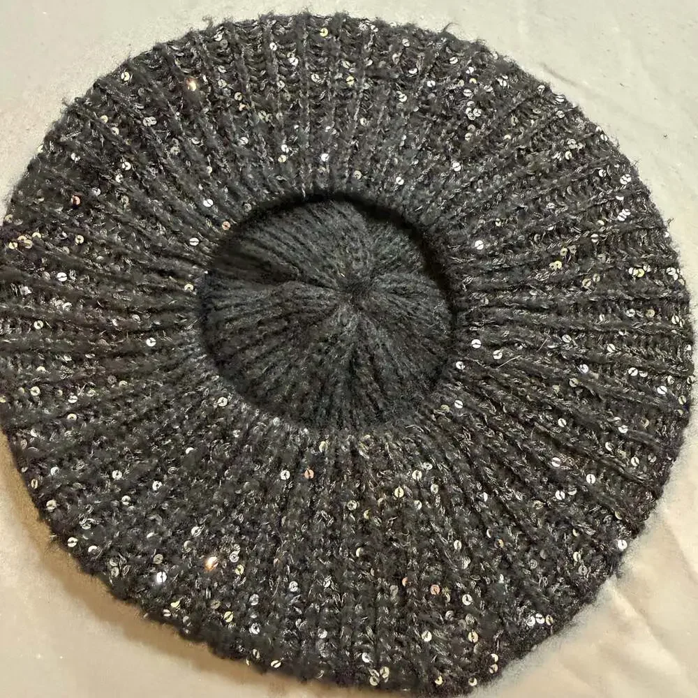 INC International Concepts Women's Black Sequin Knit Beret Hat
